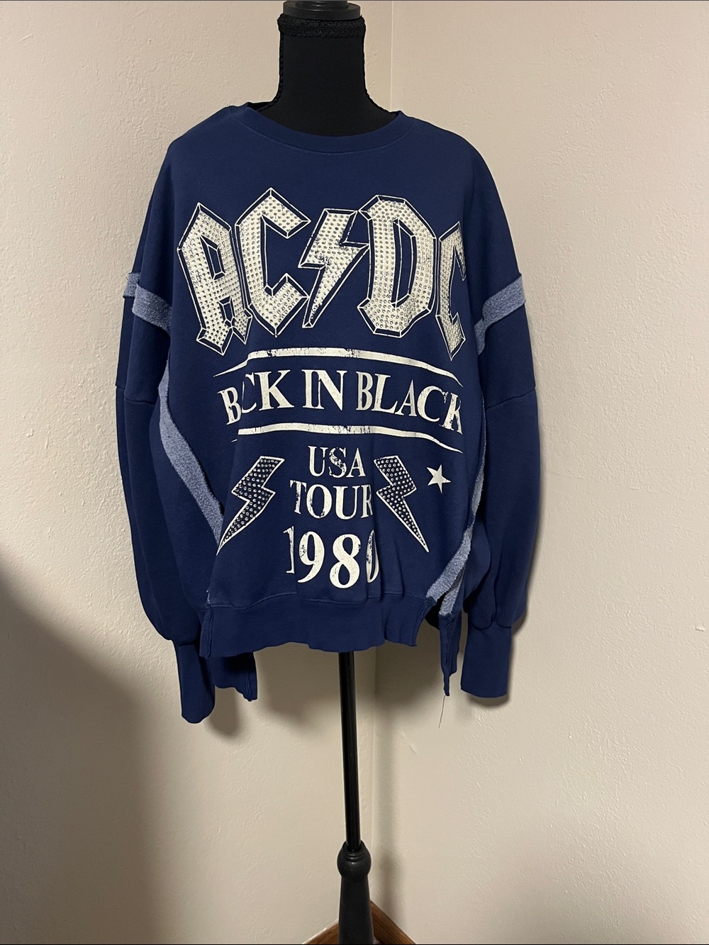 AC/DC Navy Crewneck 'Back In Black' Graphic Oversized Sweatshirt-Medium